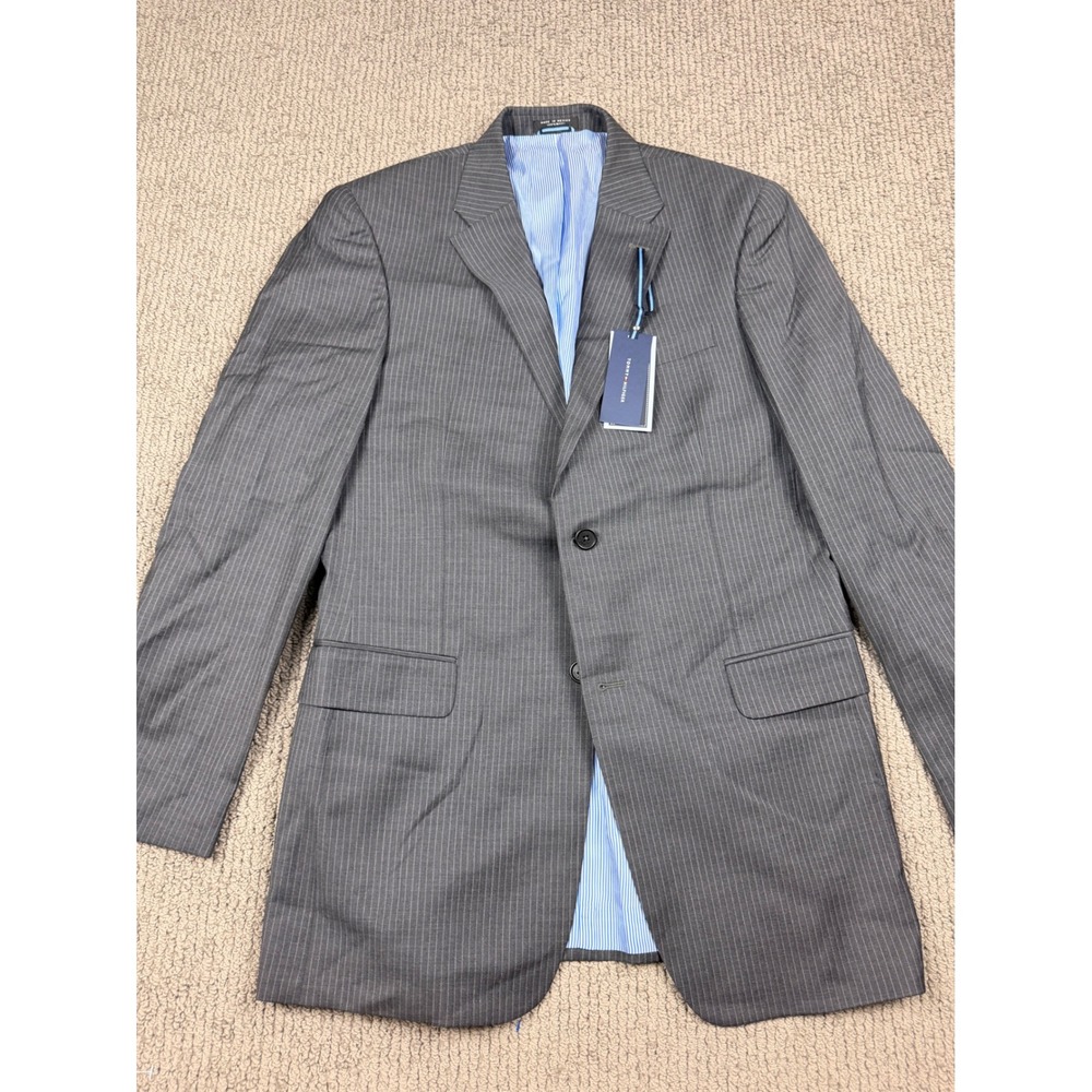 Tommy Hilfiger Mens Gray Pinstripe Worsted Wool Suit Jacket Blazer 40L Adams New